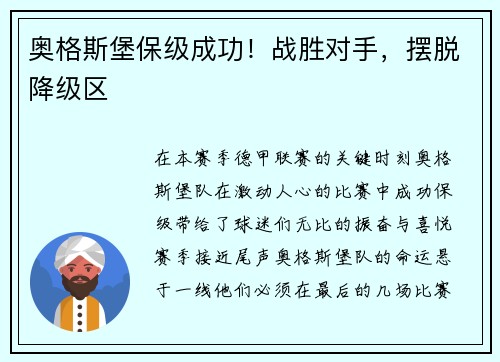 奥格斯堡保级成功！战胜对手，摆脱降级区